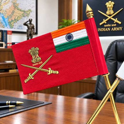Brass National With Indian Army, Navy & Air Force Flags With Stand (12 Inch)