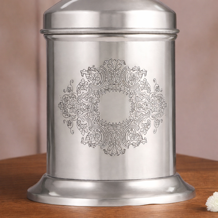 Brass Embossed Design Jar with leaf knob on lid, Brass Decorative Storage Box