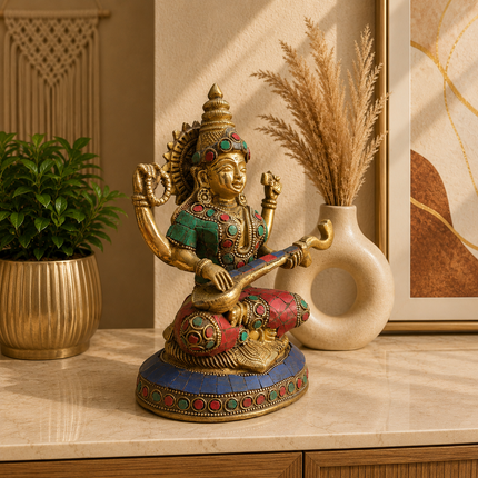 Brass Stone Work Goddess Sitting Saraswati Idol (7.5 Inch)