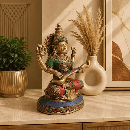Brass Stone Work Goddess Sitting Saraswati Idol (7.5 Inch)