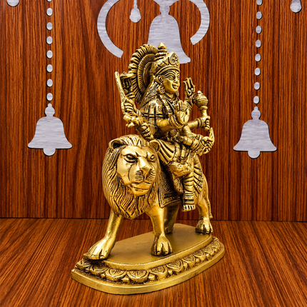 Brass Goddess Durga Sitting on Lion Statue (8.5 Inch)