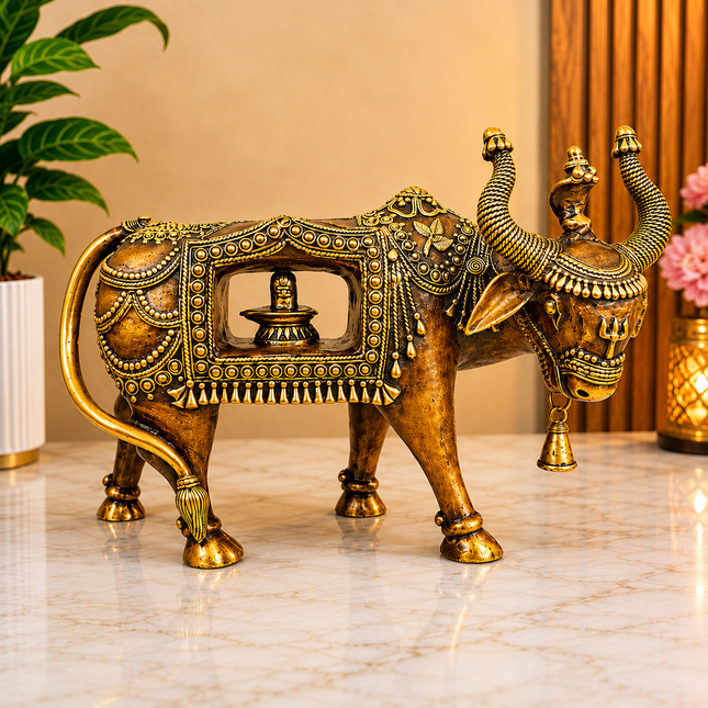 Brass Handcrafted Dhokra Nandi Idol With Inside Shivling (9.7 Inch)