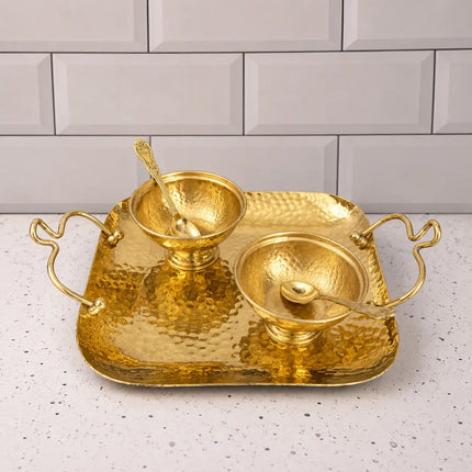 Brass Hammered Serving Tray / Platter With Bowl and Spoon Set With Velvet Box