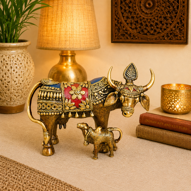 Brass Dhokra Kamdhenu Cow with Calf Statue (6.5 Inch)
