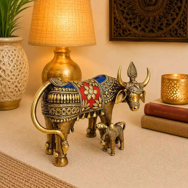 Brass Dhokra Kamdhenu Cow with Calf Statue (6.5 Inch)