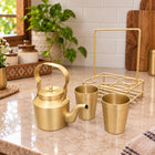 Brass Matt Tea Pot/Kettle and Cup Set With Serving Stand (9 Inch)