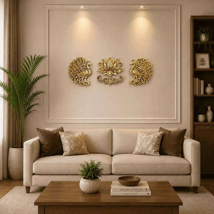 Brass Peacock And Lotus Wall Hanging 3 Piece Set (7.5 inch)
