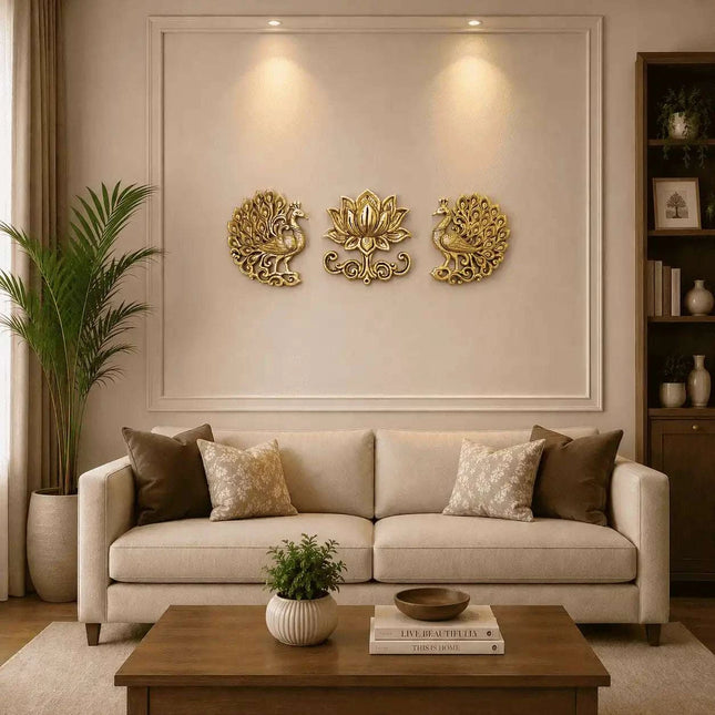 Brass Peacock And Lotus Wall Hanging 3 Piece Set (7.5 inch)