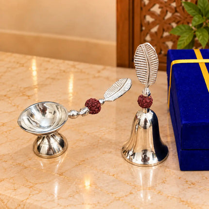 Brass Silver Plated Rudraksh Handbell and Aarti Diya Set With Velvet box