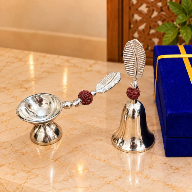 Brass Silver Plated Rudraksh Handbell and Aarti Diya Set With Velvet box