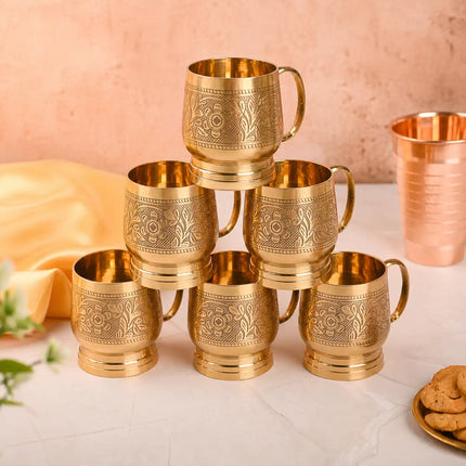 Brass Handcrafted Glass/Cup Pair with Handle