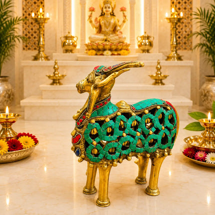 Brass Stone Work Standing Cow Idol