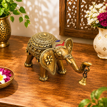 Brass Handcrafted Dhokra Elephant Statue With Bell (5.5 Inch)