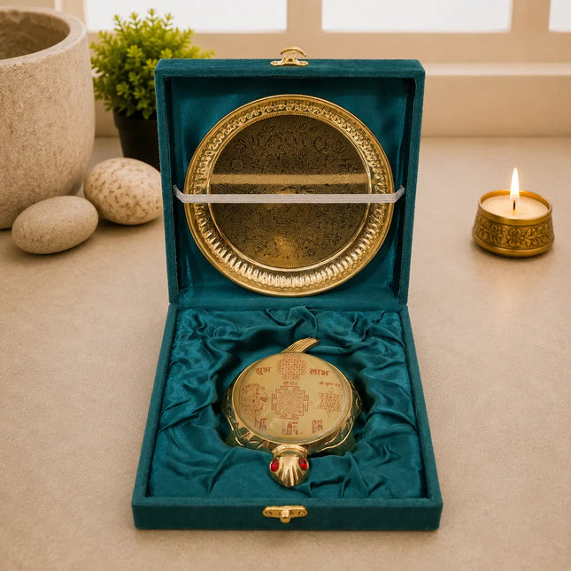 Brass Vastu Glass Shree Yantra Tortoise And Plate With Velvet Box