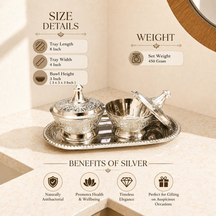 Brass Silver Twin Bowl Set with Lids And Tray (3 Inch)