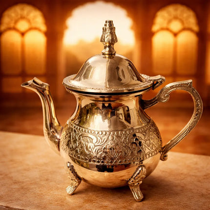Brass Leaf Design Mughlai Tea Pot with Lid