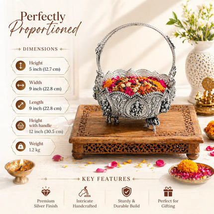 Brass Silver Plated Ashtalakshmi Basket With Handle And Leg (5 Inch)