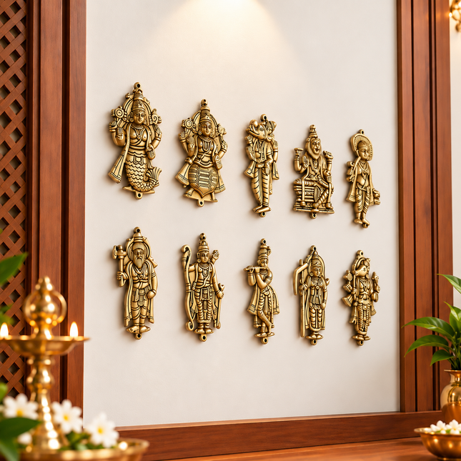 Brass Dashavatara / Vishnu Avatar Wall Hanging Set (5.5 Inch)