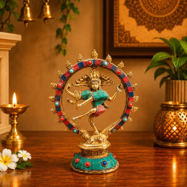 Brass Stone Work Nataraja Dancing Shiva Idol (7.5 Inch)