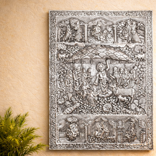 Silver Krishna Govardhan Wall Hanging Plate (30.5 Inch)