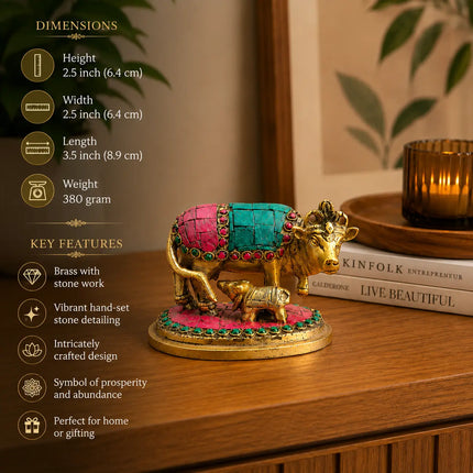 Brass Stone Work Kamdhenu Cow Idol (2.5 Inch)