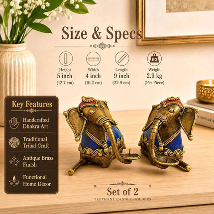 Brass Dhokra Sitting Elephant Statue Set With Candle Holder (5 Inch)
