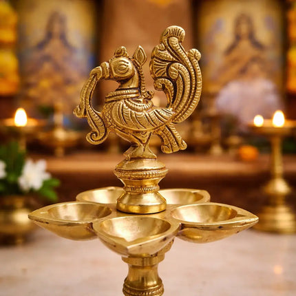 Brass Ethnic Five Petal Peacock Diya / Lamp (7.5 Inch)