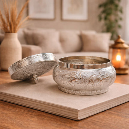 German Silver Storage Container/Supari Box With Lid (3.5 Inch)