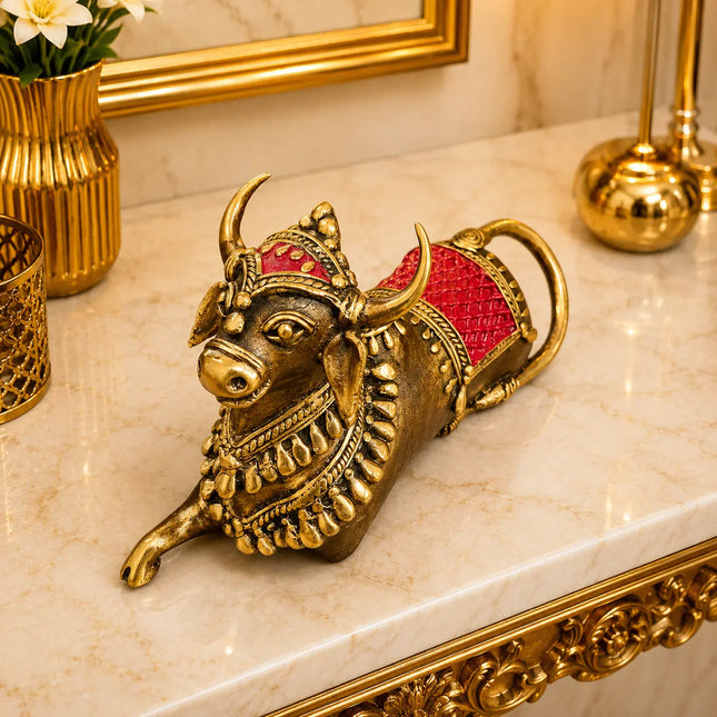 Brass Handcrafted Dhokra Sitting Nandi Idol (4.5 Inch)