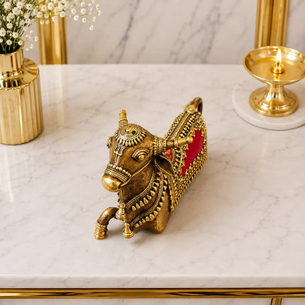 Brass Handcrafted Dhokra Sitting Nandi Idol (5.2 Inch)