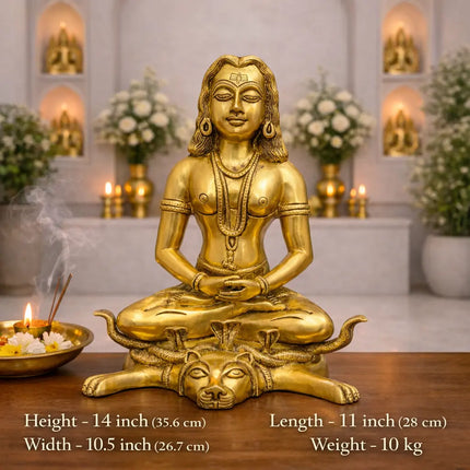 Brass Saint Gorakhnath Statue Sitting On Naag And Lion (14 Inch)