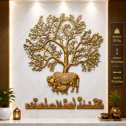 Brass Cow & Calf With Kalpvriksha Tree Wall Hanging (80 Inch)