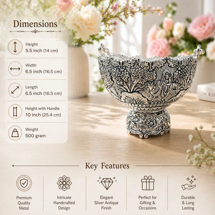 Brass Silver Plated Decorative Basket with Handle (5.5 Inch)