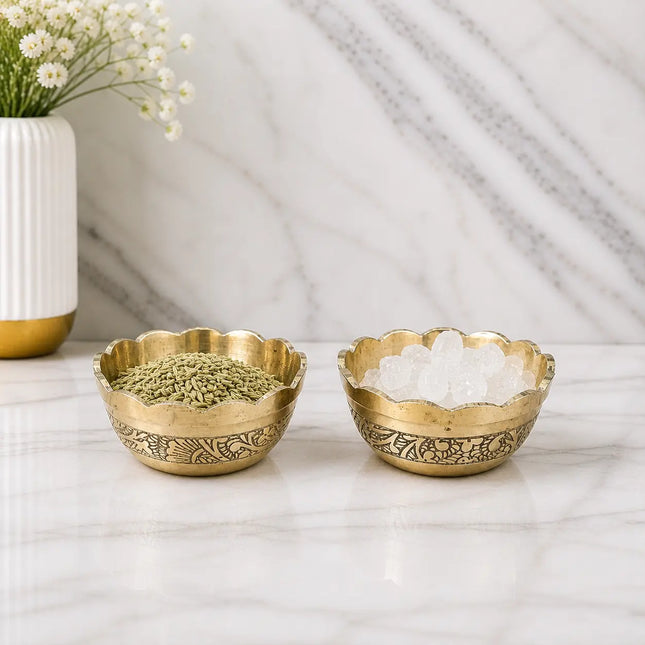 Brass Embossed Design Prasad Bowl Pair (1 Inch)