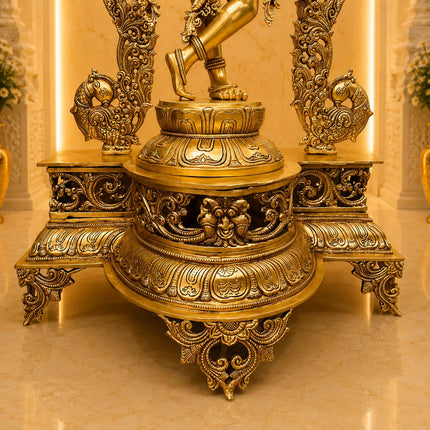 Brass Standing Krishna Idol On Throne / Singhasan (31 Inch)