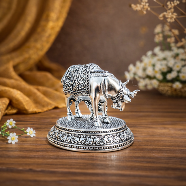 Brass Silver Kamdhenu Cow With Calf Lightweight Idol (2 Inch)