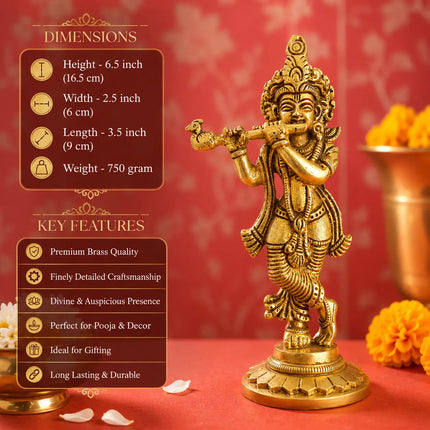Brass Standing Krishna Idol (6.5 Inch)
