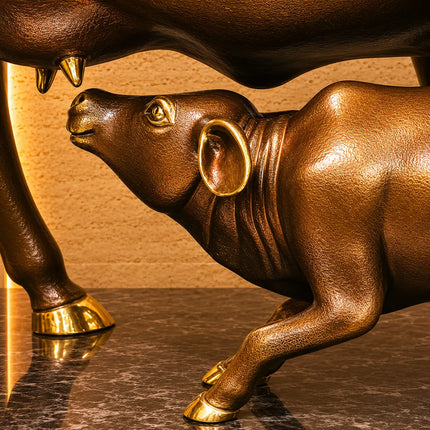 Brass Majestic Kamdhenu Cow with Calf Idol on Granite Base (33 Inch)