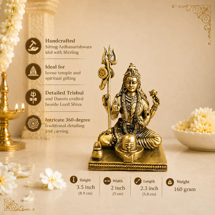 Brass Lightweight Sitting Ardhanarishwara Idol With Shivling (3.5 Inch)