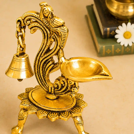 Brass Ethnic Peacock Diya Lamp With Hanging bell