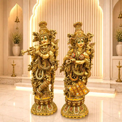 Brass Stone Work Standing Radha Krishna Statue Set (30 Inch)