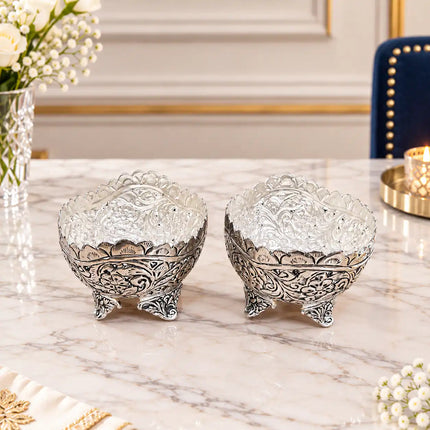 Brass Silver Plated Noka Bowl Set With Velvet Box (3 inch)
