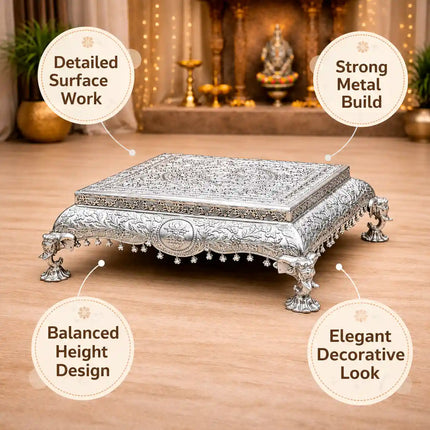 German Silver Handcrafted Chowki with Elephant Leg (7 Inch)
