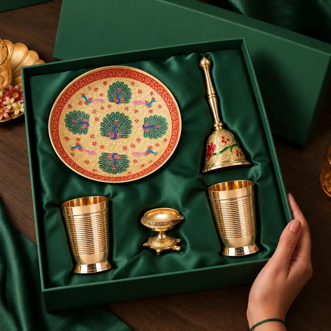 Brass Luxury Gift Hamper with Glasses, Bowl, Handbell & Diya