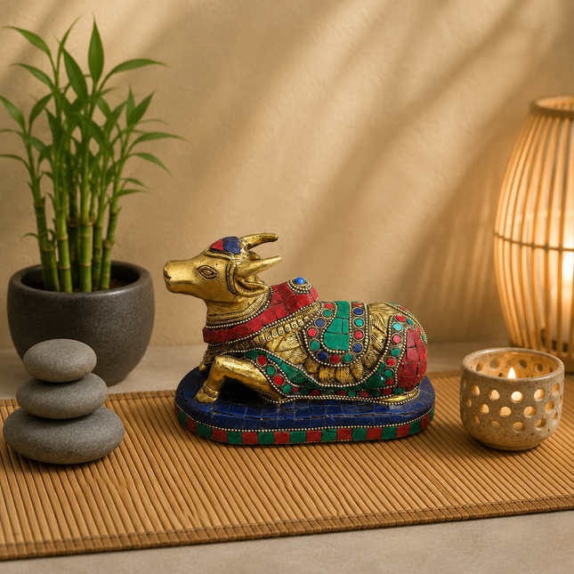 Brass Stone Work Sitting Nandi Idol