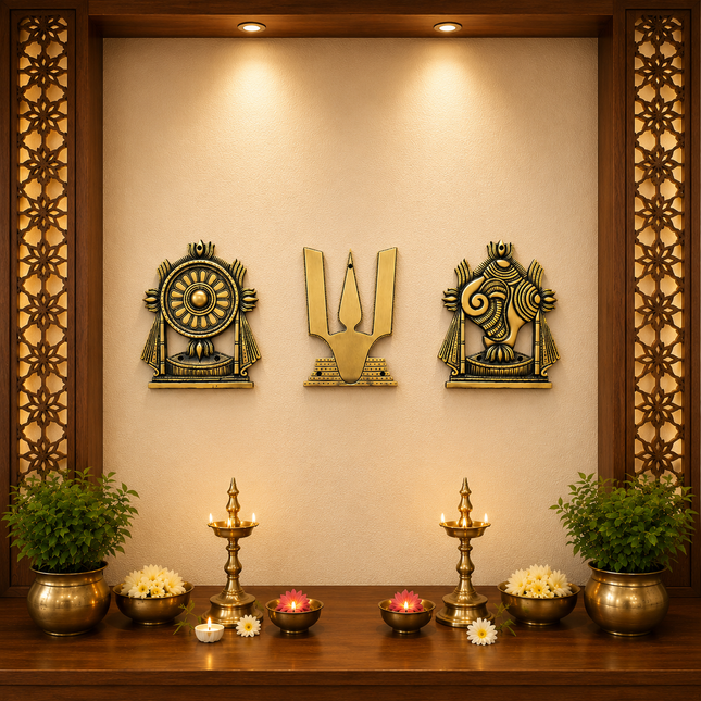 Brass Shankh Chakra Namah Wall Hanging Set (9.5 Inch)