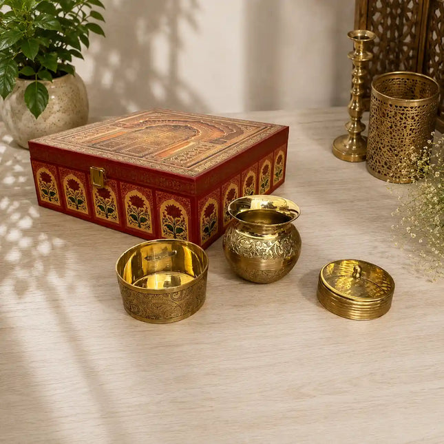 Brass Pooja Kalash Kumkum Box and Bowl Gift Hamper