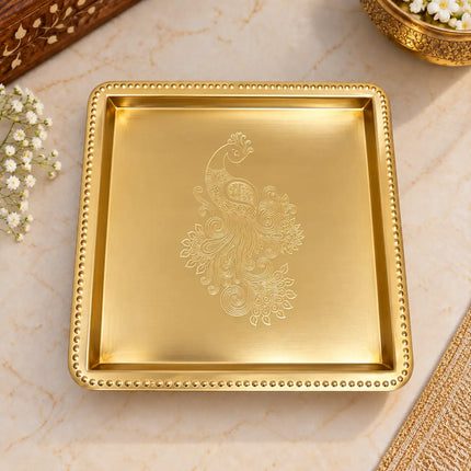 Brass Peacock Square Tray / Platter (8 Inch)