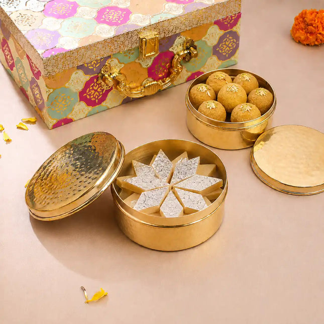 Brass Ladoo Box Gift Hamper (2 Inch)