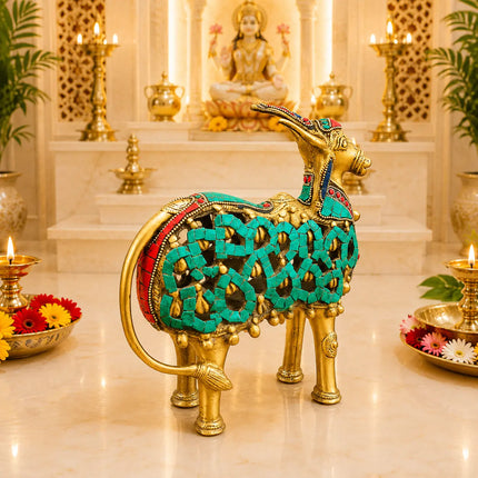 Brass Stone Work Standing Cow Idol